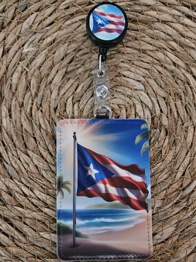 Puerto Rico Flag Badge Holder with Retractable Reel - Blue, Red, White
